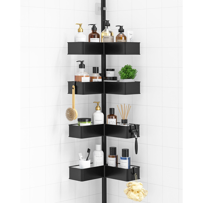Кутова полиця для душу Kitsure з телескопічною стійкою, регульована по висоті, металеві кошики, монтаж без свердління, висота 87-290 см, ширина 24.6 см, чорний колір (24.6 x 24.6 x 290 см)