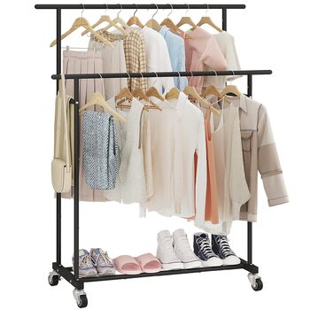 Вішалка для одягу Calmootey з подвійною штангою - на колесах та портативна для спальні, вітальні, магазину одягу - чорна