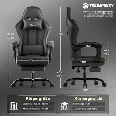 Геймерське крісло, офісне крісло з підставкою для ніг, ергономічне крісло з регульованою спинкою 90-135, вантажопідйомність 150 кг, чорний колір