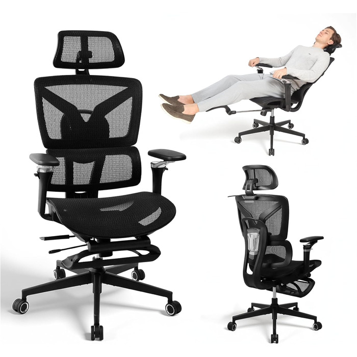 Ергономічне офісне крісло для високих і важких людей з підставкою для ніг, регульованими підлокітниками 5D, поперековою опорою, сітчастою спинкою, регульованою глибиною сидіння, обертове ігрове крісло, чорний колір S3 Elite Pro