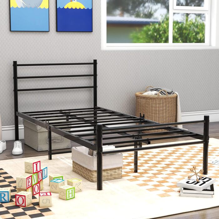 Металеве ліжко з рейковою основою, каркас ліжка, односпальне ліжко, чорний, 90x200 см, металеве ліжко 90 x 200 см, мінімалістичний каркас ліжка з узголів&39ям, гостьове ліжко з рейковою основою для спальні, гостьова кімната, чорний, 90 x 200 см