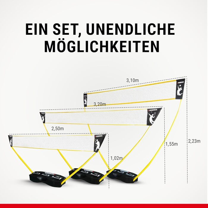 Універсальний спортивний комплект HAMMER 3 в 1: Сітки для волейболу, бадмінтону та тенісу (З футляром-підставкою, для дітей та дорослих, легке складання)