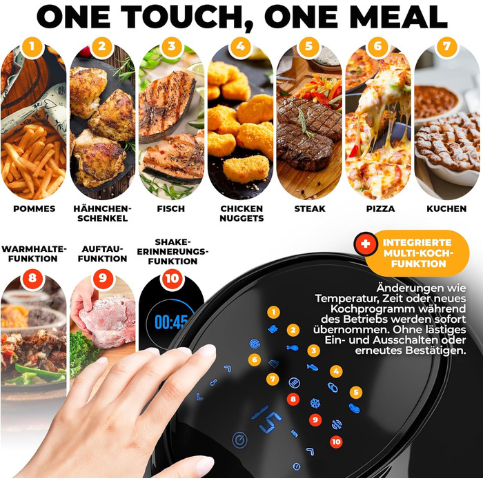 Фритюрниця Stillstern 6.5 л зі світлодіодним сенсорним екраном, 120 рецептів німецька, 10 програм, таймер 120 хв, розморожування та підтримання тепла, функція струшування, фритюрниця 1800 Вт XXL фритюрниця без олії Black New