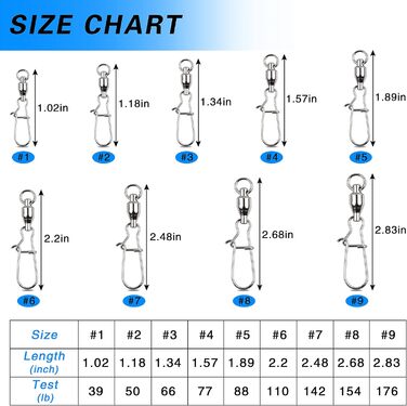 Рибальські шарикопідшипникові вертлюги із застібками Duo-Lock Зєднувачі для гачків для волосіні Аксесуари для риболовлі Рибальські вертлюги, розмір (0-9), 15 шт.