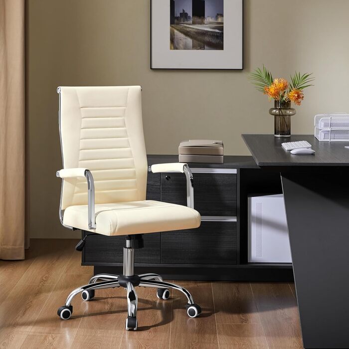 Ергономічне офісне крісло Yaheetech з підлокітниками, комп&39ютерне крісло керівника з високою спинкою, робоче крісло з функцією гойдання, вантажопідйомність до 136 кг, бежевий колір