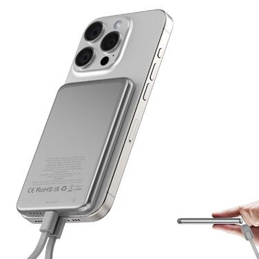 Ультратонкий зовнішній акумулятор для MagSafe, магнітний зовнішній акумулятор, зовнішній акумулятор 5000 мАг, 20 Вт, бездротова швидка зарядка PD, портативний зарядний пристрій із кабелем USB-C, зовнішній акумулятор для iPhone серії 17/16/15/14/13/12, срі