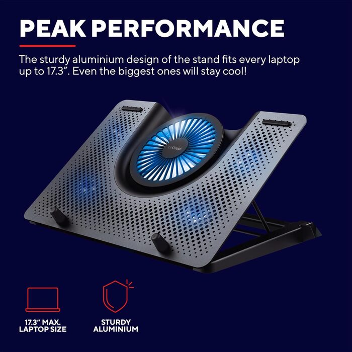 Охолоджувальна підставка для ноутбука Trust GXT 1125 Quno з 5 вентиляторами та LED-підсвічуванням, тримач для смартфона, запобігає перегріву, сумісна з ноутбуками/MacBook до 17,3 дюймів