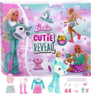 Різдвяний календар Barbie Cutie Reveal - 24 сюрпризи, лялька, олені з блискітками, зимове вбрання, аксесуари, міні-тваринки, для д
