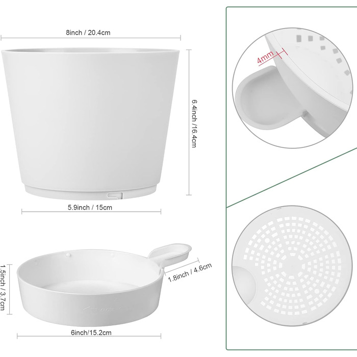 Квітковий горщик 20,3 см, пластиковий квітковий горщик із системою поливу, 2 горщики для рослин, сучасний для кімнатних та балконних садових рослин, сукулентів, кактусів (білий) Білий 20,3 см