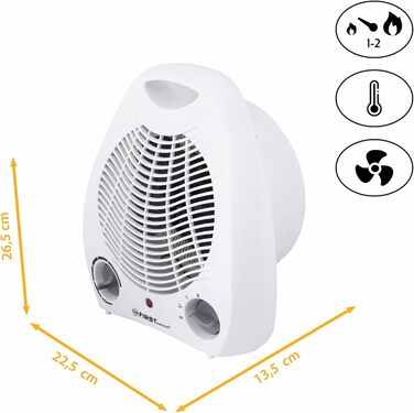 Тепловентиляторний обігрівач TZS First Austria, 1000/2000 Вт, 2 режими нагріву, термостат, захист від перегріву, окремий режим вентилятора, тихий (52 дБ), компактний, ручка для перенесення, готовий до використання, білий/сірий, енергозберігаючий