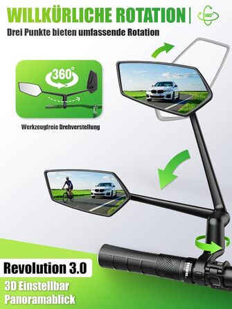 Велосипедне дзеркало RBRL Регульоване 3D для панорамного огляду Поворотне на 360 та складне Ударостійке дзеркало заднього виду з натурального скла Міцне компактне дзеркало на кермо для велосипедів та електровелосипедів (ліве)