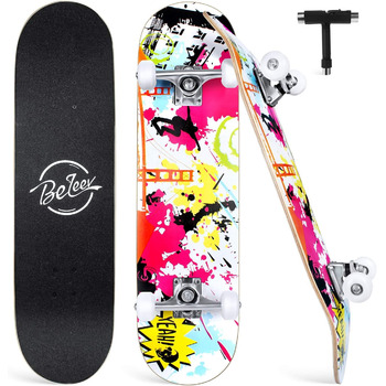 Круїзерний скейтборд 38 дюймів - повний комплект для дітей, підлітків та дорослих, 7-шарова увігнута дека з канадського клена Double Kick, універсальний T-Tool, для початківців з графіті дизайном