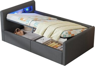 Дитяче ліжко okwish з м&39якою поверхнею, 90x200 см, дитяче ліжко з гідравлічним відділенням для зберігання, світлодіодним нічником та USB-портом, оксамитова тканина, темно-сірий колір, без матраца, темно-сірий 90 x 200 см