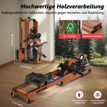 Тестова версія 2026 Водний веслувальний тренажер Wenoker для домашнього використання, дерев&39яний, складний, зручне сидіння, Bluetooth-дисплей, подвійні ковзні рейки, максимальне навантаження 150 кг, натуральний дуб