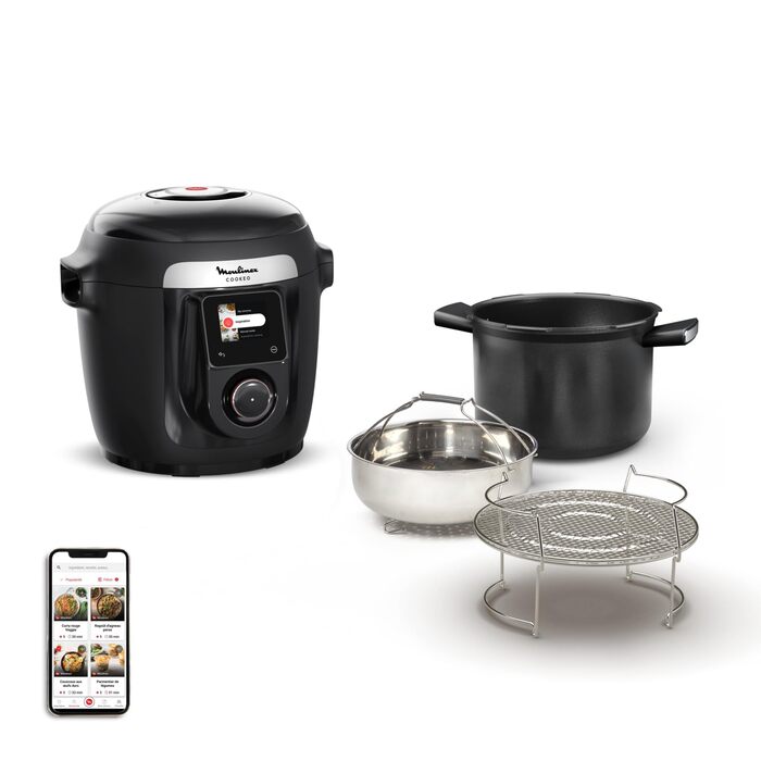Мультиварка-скороварка Moulinex Cookeo Wi-Fi 10-в-1, 10 режимів приготування, покрокові інструкції, CE96G810, чорна