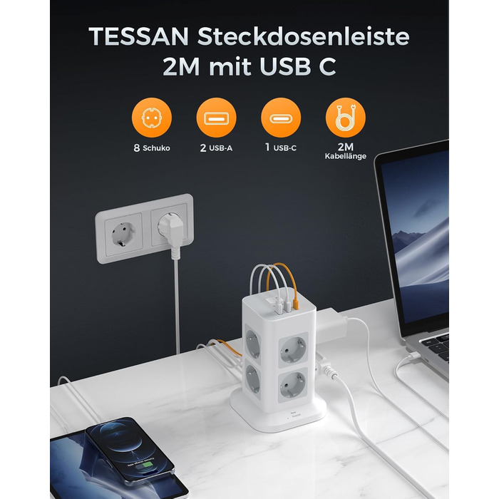 Захист від перенапруги на кілька розеток 3600 Вт 16А, розетка TESSAN 8 відділень USB C з декількома вилками, розетка з подовжуваче