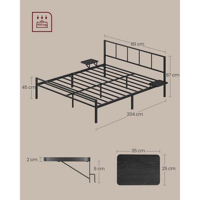 Каркас двоспального ліжка, Ліжко, 160 x 200 см, Металеве ліжко, Каркас ліжка, з узголів&39ям, Сучасне, з полицями для зберігання, Гостьове ліжко, для підлітків, Матовий чорний RMB195B01 160 x 200 см з узголів&39ям