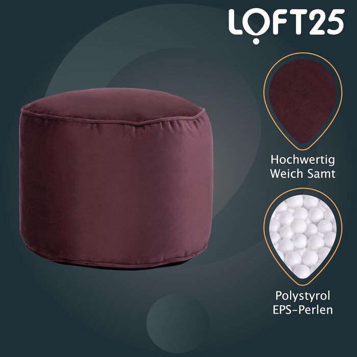 Круглий пуф-мішок Loft 25 Пуф для приміщень, вітальня, подушка для відпочинку ніг Ергономічний дизайн пуфа Зручний та міцний пуф-подушка для сидіння 3245 см (Баклажан)
