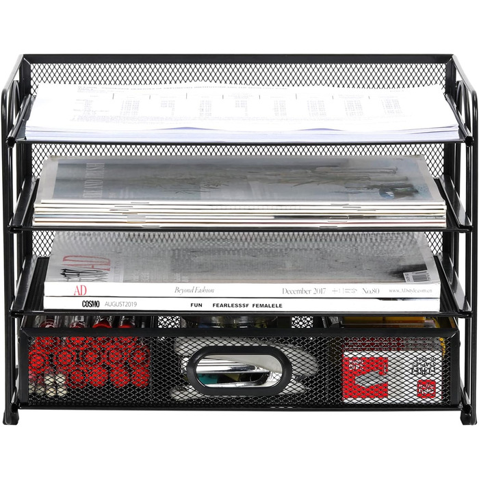 Металевий офісний органайзер EasyPAG з 4 відділеннями формату A4, тримач для документів, лоток для файлів, тримач для журналів, лоток для листів, органайзер для паперових журналів з шухлядою для канцелярського приладдя, чорний