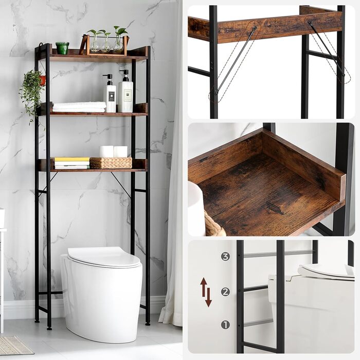 Полиця для унітазу, 3 яруси, полиця для ванної кімнати, компактна, легко збирається, для пральні, індустріальний стиль, сільський коричневий та чорний, BTS002B01 Рустикальний коричневий чорний