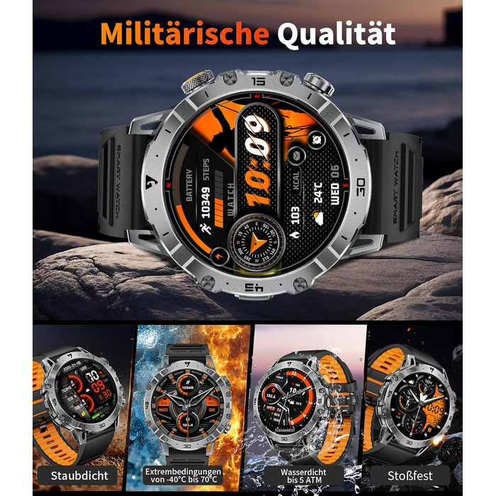 Чоловічий військовий смарт-годинник, великий акумулятор 1000 мАг, великий HD-дисплей 1,7 дюйма з функцією телефону, світлодіодний ліхтарик, фітнес-годинник з понад 110 спортивними режимами, відстеження серцевого ритму/сну, 3 браслети, IP68, сумісний з iOS