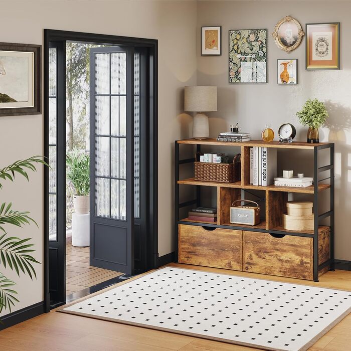 Книжкова полиця Dripex з 2 шухлядами, книжкова шафа з 7 відділеннями з дерева та металевого каркасу, окремостояча кубічна полиця для спальні, вітальні, кабінету, офісу, 33 x 100 x 90 см, промисловий дизайн, ретро