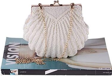 Клатч жіночий вечірній, сумка-клатч для нареченої, перли, перламутр, ланцюжок, бежевий