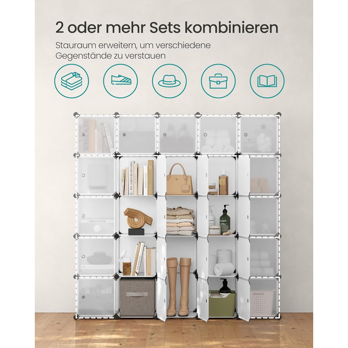 Система полиць SONGMICS, полиця для взуття, комплект із 16 кубів, пластикова шафа з дверима, модульні полиці, місце для зберігання одягу, взуття та книг, легке складання, білий LPC44BS 16 кубів (123Ш x 123В см) білий