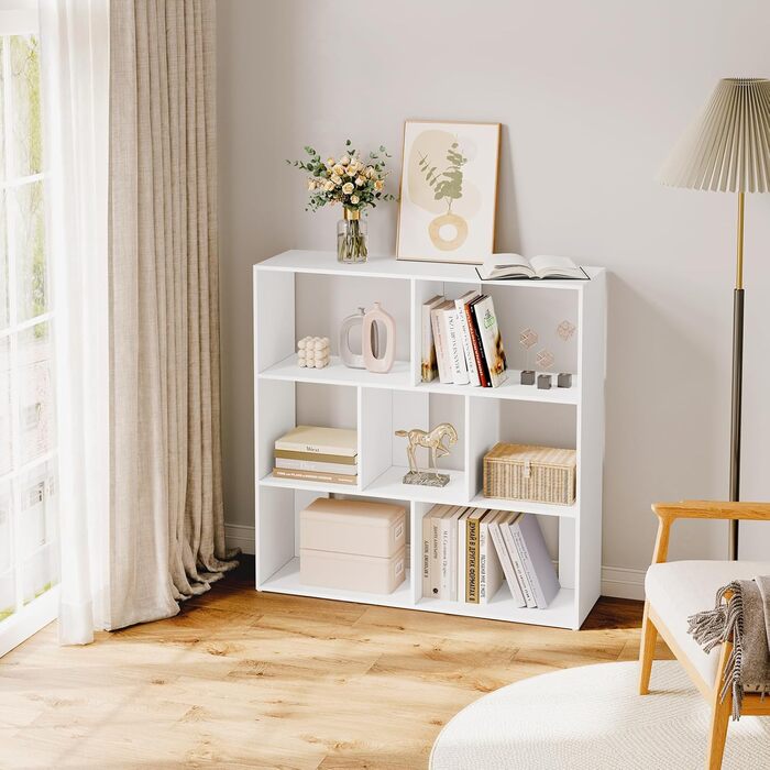 Біла книжкова полиця eSituro, кубічна полиця, окремостояча полиця з 7 відкритими відділеннями, яку можна використовувати горизонтально, вертикально або догори дном, для вітальні, спальні, офісу