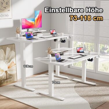 Стіл з регульованою висотою та підставкою для монітора, електричний стіл з можливістю сидіти/стояти, 120 x 60 см, білий