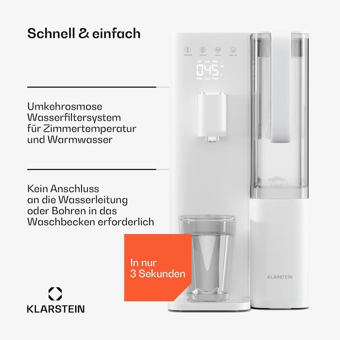 Система зворотного осмосу Klarstein VitalPour - 5-ступінчастий фільтр для осмосу, гаряча вода за 3 секунди, бак 5 л і глечик 1,5 л, 5 рівнів температури, сенсорний дисплей, блокування від дітей, легке встановлення