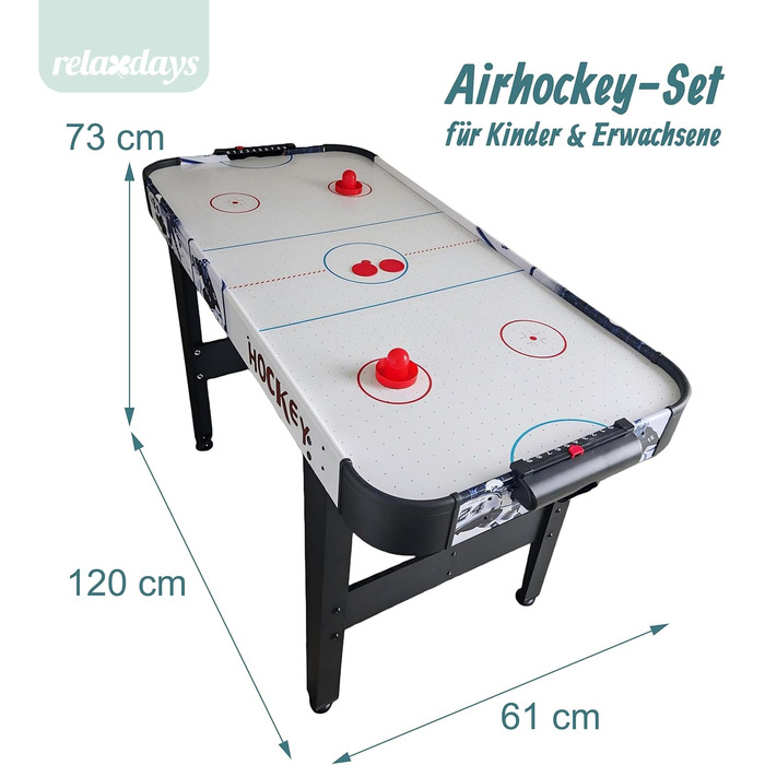Аерохокейний стіл Relaxdays, дитячий, HBT 73x120x61 см, вкл. 2 шайби та 2 шт. овхачі, хокейний стіл з повітродувкою, чорний/білий