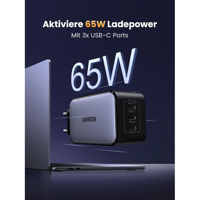 Адаптер живлення з 3 шт. USB-C портом швидкої зарядки Компактний зарядний пристрій, сумісний з MacBook Pro/Air, ноутбуком HP, iPad