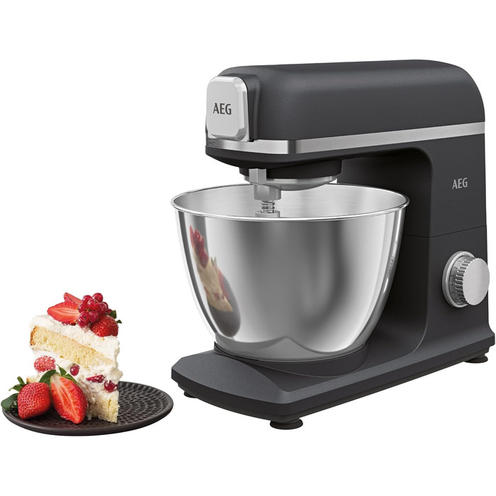 Кухонний комбайн AEG KM5-1-4BPT / Аксесуари / 1200 Вт / 6 рівнів швидкості / Імпульсна функція / Планетарна мішалка / 6,1 кг / Повністю металевий корпус / Чаша для змішування з нержавіючої сталі 5 л / Чорний матовий