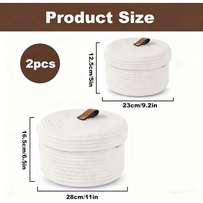 Кошики для зберігання з кришками, плетені кошики з бавовняних ниток з ручками, декоративні кошики, що миються, багатофункціональний органайзер для полиць, вітальня та ванна кімната (білий), 2
