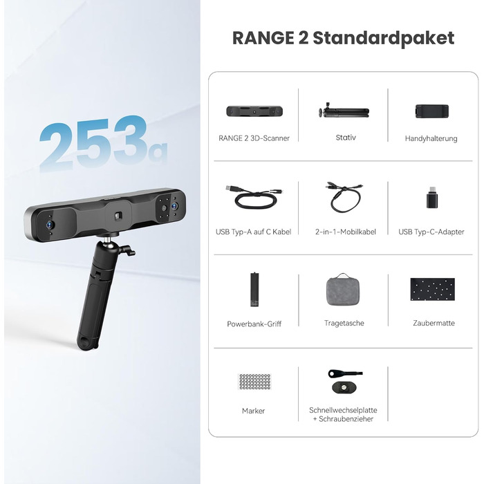 Сканер Revopoint Range 2 для 3D-друку, точність 0,1 мм, кольорова камера RGB, підтримує сканування тіла та обличчя, зворотне проек