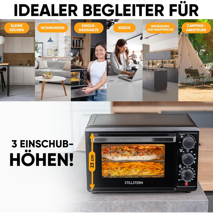 Міні-духовка Stillstern з конвекцією (18 л) Німецька версія, вставка для фритюрниці, деко, рукавиці, буклет з рецептами, внутрішнє освітлення, 1300 Вт, тостер гриль Піч для піци Міні-піч ідеально підходить для кемпінгу
