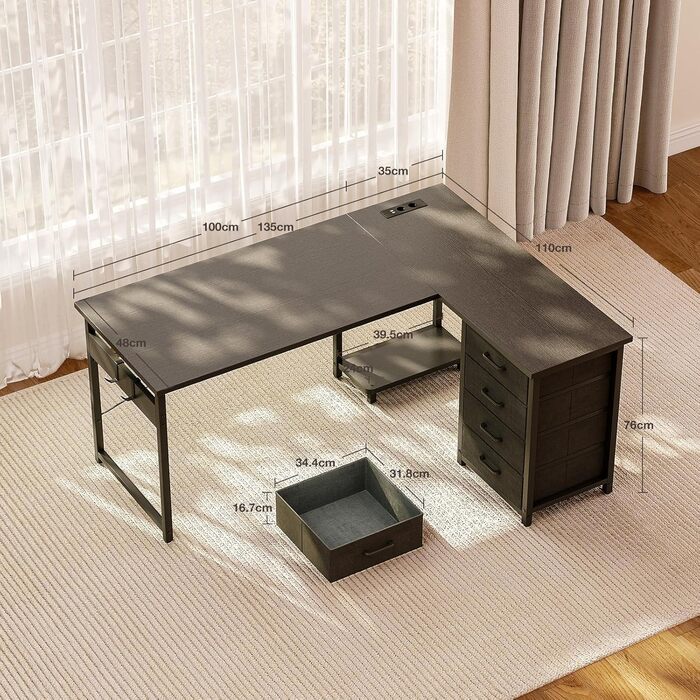Кутовий письмовий стіл ODK з 4 шухлядами, 135100 см, L-подібний стіл з розеткою та портом зарядки USB, двосторонній стіл з місцем для зберігання для домашнього офісу та ігор, чорний 135 100 см