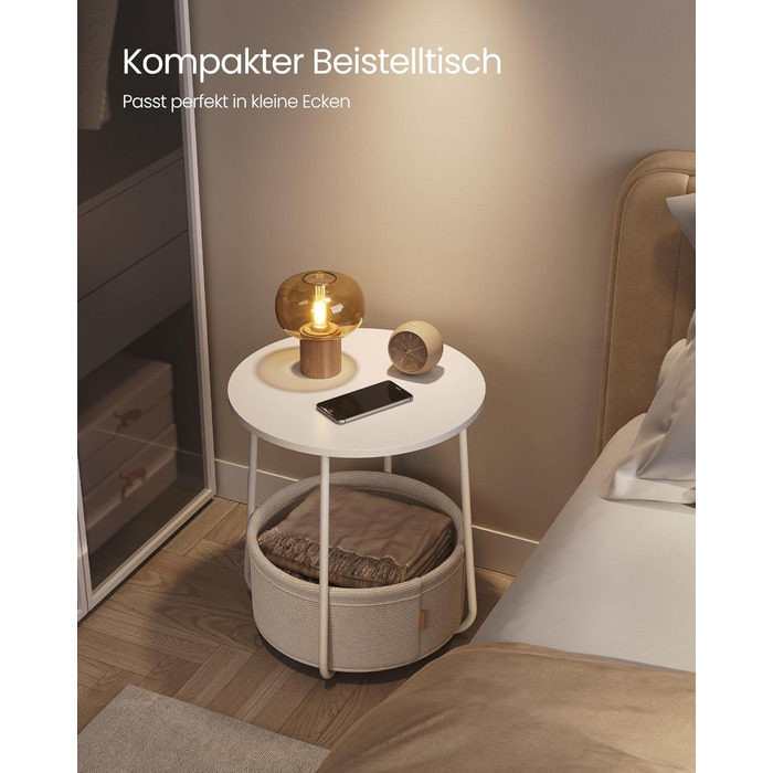 Круглий бічний столик VASAGLE, маленький столик, маленький журнальний столик, столик для вітальні, тканинний кошик, місце для зберігання у вітальні та спальні, сучасна тумбочка, матовий білий-верблюжий коричневий LET223W10 матовий білий верблюжий коричнев