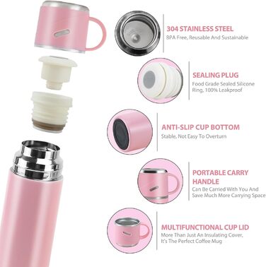 Термос 550 мл, ізольована пляшка для води з нержавіючої сталі, герметичний термос з чашкою та ручкою, без BPA, пляшка для води з подвійними стінками, зберігає напої гарячими та холодними протягом 12 годин, для використання в дорозі, на роботі та у спорті,