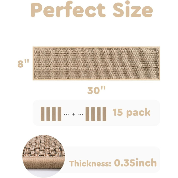 Нековзні сходинки PADOOR, гумова основа для дерев&39яних сходинок, 15 шт. , килимові сходинки без залишків для дітей та собак, 20,3 x 76,2 см, бежевий