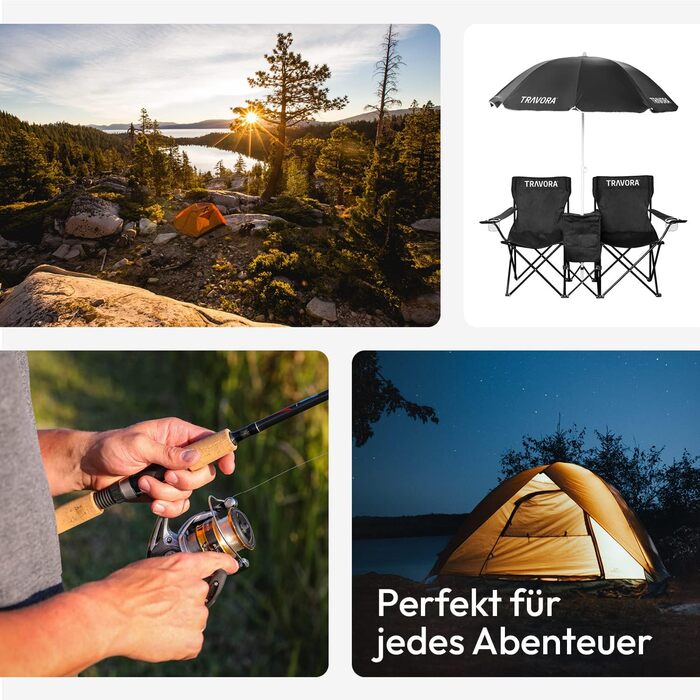 Двомісний парний кемпінговий стілець із сонцезахисним тентом, відділенням-холодильником та логотипом - складний кемпінговий стілець для двох осіб - складний кемпінговий стілець - кемпінговий стілець/рибальський стілець як двомісний, чорний