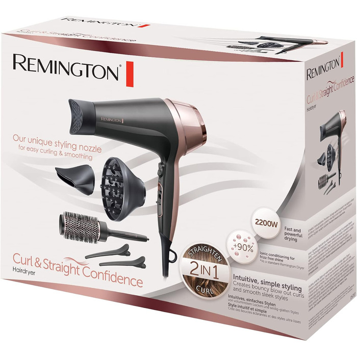 Фен для волосся Remington Curl-Straight з іонізацією (2200 Вт, 3 насадки конічна, для локонів та дифузор, кругла щітка 45 мм, затискачі, 3 рівні температури та 2 рівні обдуву) D5707, чорний