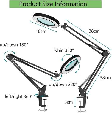 Кратна лампа-лупа, лампа-лупа, світлодіодна настільна лампа із затискачем і регульованим кронштейном - лупа з регулюванням яскравості та 3 колірними режимами зі світлом, косметична лампа зі скляними лінзами діаметром 4,1 дюйма, для читання/офісу/роботи (ч