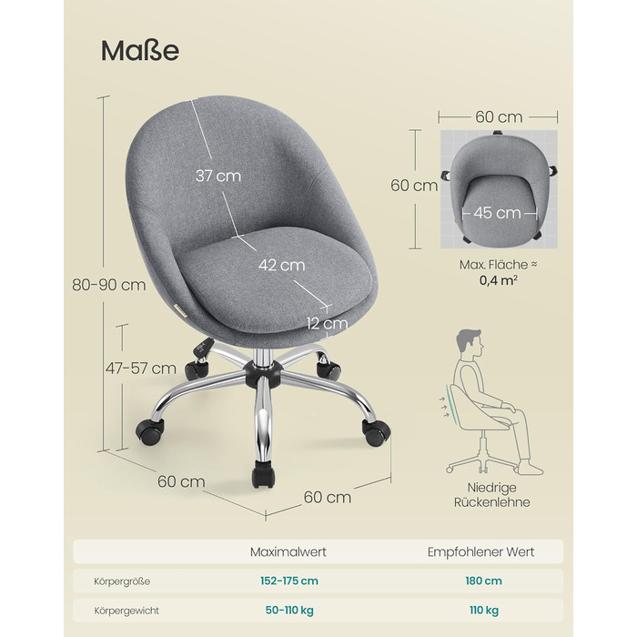 Крісло для домашнього офісу SONGMICS, Туалетне крісло з бавовняно-льонної суміші, Робоче крісло, Пінопластова підкладка, Регульована висота, Для кабінету, Спальня, Шиферно-сірий OBG020G05 Шиферно-сірий Бавовняна суміш