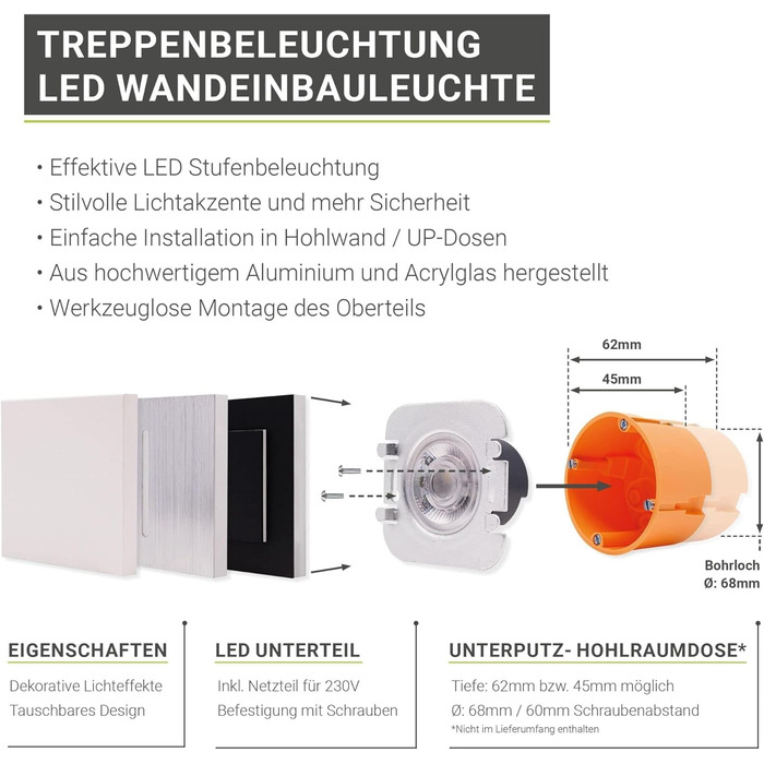 Світлодіодний світильник для сходів LongLife 230 В Сходинка Квадрат Білий - Нижня частина Колір світла Теплий білий 3000K 1,5 Вт О