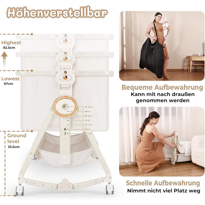 Дитяче ліжечко HOLAVIDA 5-в-1, регульована по висоті колиска, дитяча колиска з пеленальний столик, кошик для зберігання, москітна сітка, матрац, портативне дорожнє ліжечко для новонароджених/малюків (бежевий)