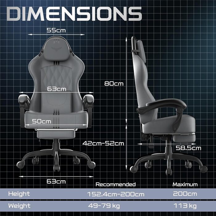 Ергономічне ігрове крісло Verdego з функцією масажу, підголівником та підставкою для ніг, штучна шкіра, регульована спинка 90-145, регульована висота 10 см, ігрове крісло, сіро-чорна штучна шкіра