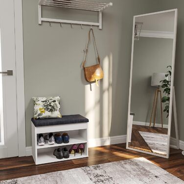 Лавка для взуття KOMTO з сидінням - Стелаж для взуття, лавка з місцем для зберігання, біла 60 x 48 x 32 см, Маленька шафка для взуття з лавкою, лавка для коридору, гардеробна лавка, Софія, біла Оббивка сіра 60 x 48 x 32 см