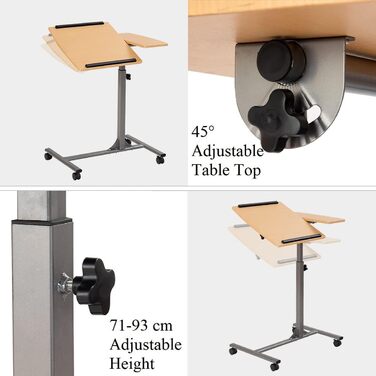 Приліжковий столик GIANTEX з колесами, регульований по висоті та нахилу стіл для догляду, стіл для ноутбука на колесах/столик для ноутбуків з 2 упорами, приліжковий столик для ліжок для догляду, з підставкою для миші, 64 x 45 x 71-93 см (натуральний)